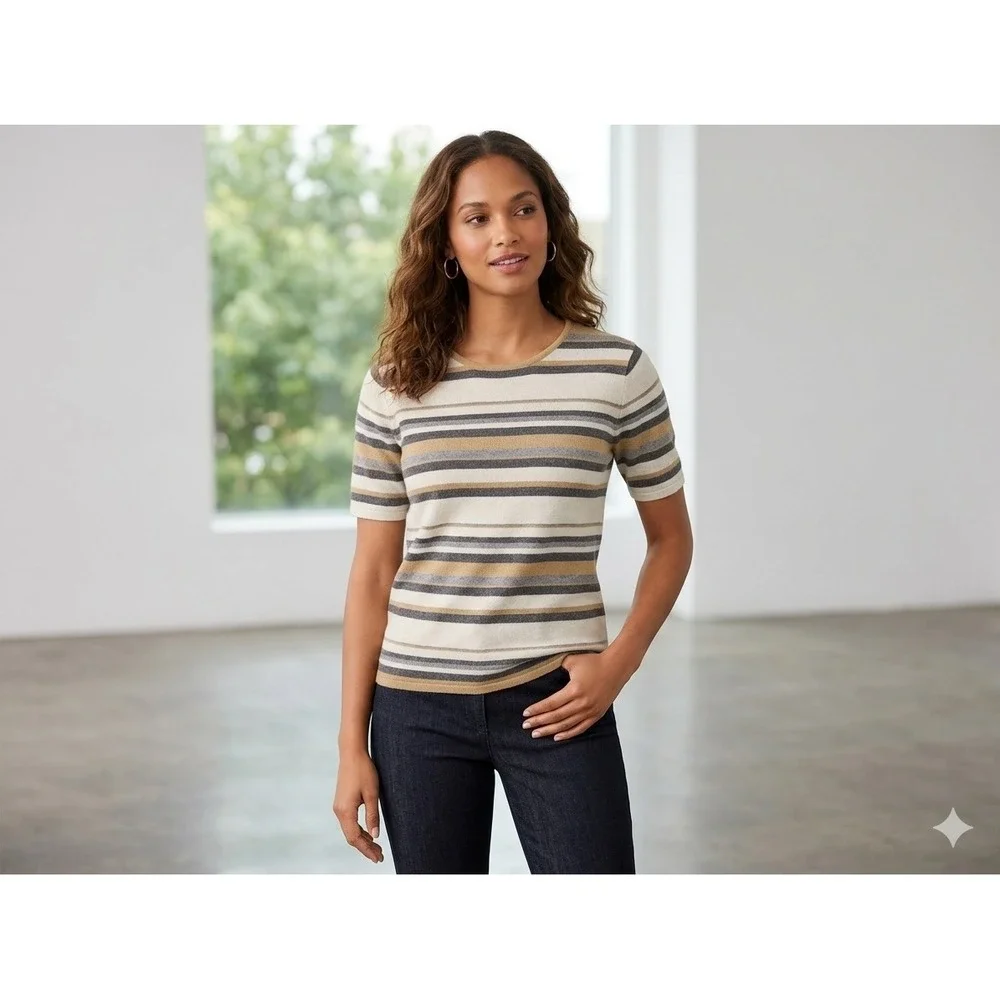 Vintage Talbots Silk Cashmere Sweater S Striped Top Neutral Classic Preppy Soft‎